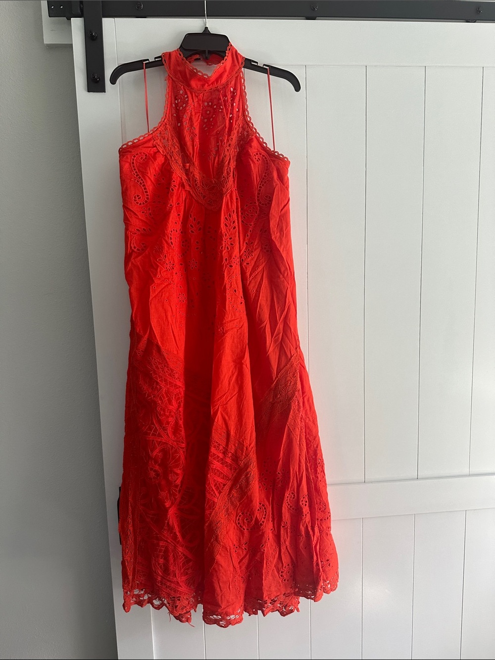 Anthropologie Red Halter Maxi Dress with Eyelet Detail